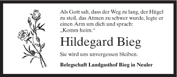 Traueranzeige von Hildegard Bieg von Schwäbische Post