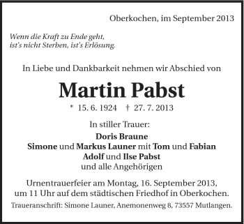 Traueranzeige von Martin Pabst von 020