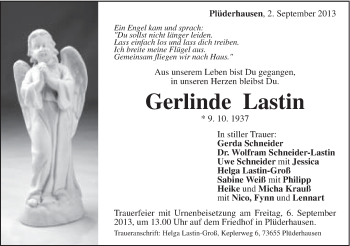 Traueranzeige von Gerlinde Lastin von Gmünder Tagespost