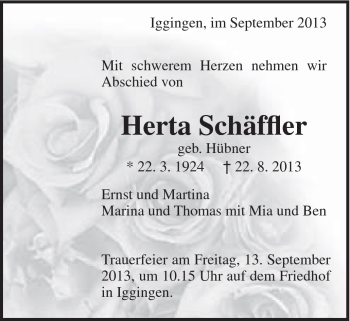 Traueranzeige von Herta Schäffler von Gmünder Tagespost