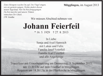 Traueranzeige von Johann Feierfeil von Gmünder Tagespost