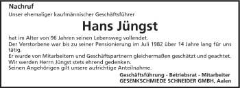 Traueranzeige von Hans Jüngst von Schwäbische Post