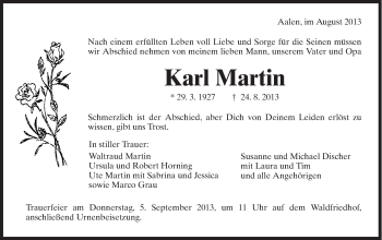 Traueranzeige von Karl Martin von Schwäbische Post