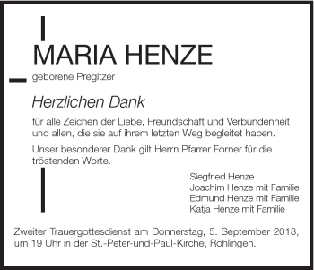 Traueranzeige von Maria Henze von Schwäbische Post