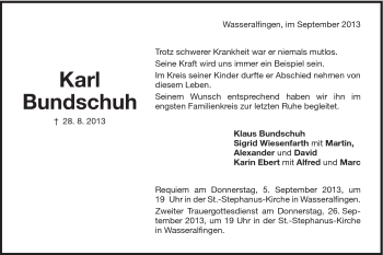 Traueranzeige von Karl Bundschuh von Schwäbische Post