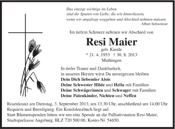 Traueranzeige von Resi Maier von Schwäbische Post