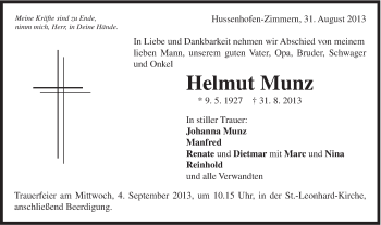 Traueranzeige von Helmut Munz von Gmünder Tagespost