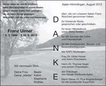 Traueranzeige von franz Ulmer von Schwäbische Post