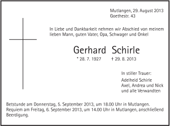 Traueranzeige von Gerhard Schirle von Gmünder Tagespost