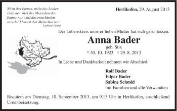 Traueranzeige von Anna Bader von Gmünder Tagespost