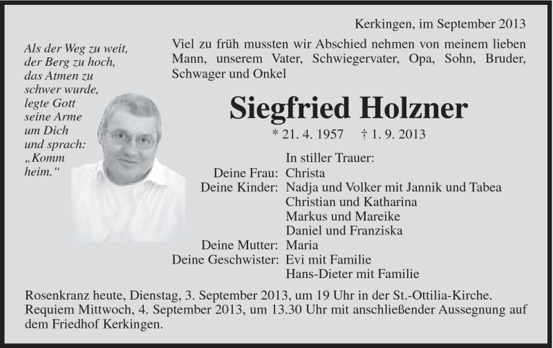  Traueranzeige für Siegfried Holzner vom 03.09.2013 aus Schwäbische Post