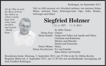 Traueranzeige von Siegfried Holzner von Schwäbische Post