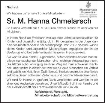 Traueranzeige von Hanna Chmelarsch von Schwäbische Post