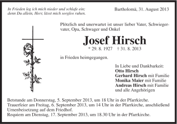 Traueranzeige von Josef Hirsch von Gmünder Tagespost