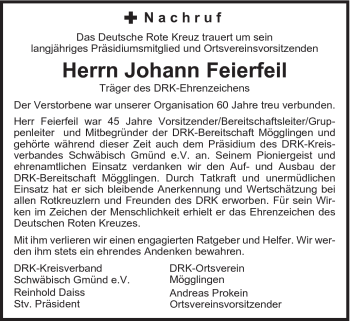 Traueranzeige von Johann Feierfeil von Gmünder Tagespost