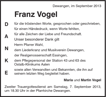 Traueranzeige von Franz Vogel von Schwäbische Post