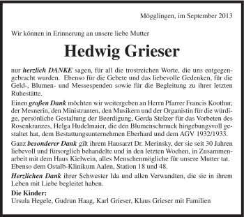 Traueranzeige von Hedwig Grieser von Gmünder Tagespost