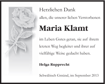 Traueranzeige von Maria Klamt von Gmünder Tagespost