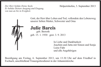 Traueranzeige von Julie Bareis von Gmünder Tagespost
