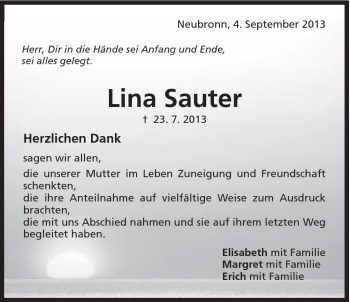 Traueranzeige von Lina Sauter von 088