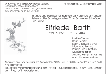 Traueranzeige von Elfriede Barth von Gmünder Tagespost