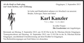 Traueranzeige von Karl Kanzler von Gmünder Tagespost