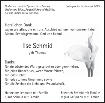 Traueranzeige von Ilse Schmid von Schwäbische Post