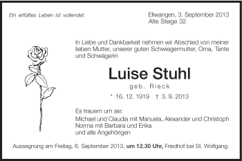 Traueranzeige von Luise Stuhl von Schwäbische Post