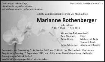 Traueranzeige von Marianne Rothenberger von Schwäbische Post
