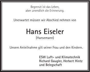 Traueranzeige von Hans Eiseler von Schwäbische Post