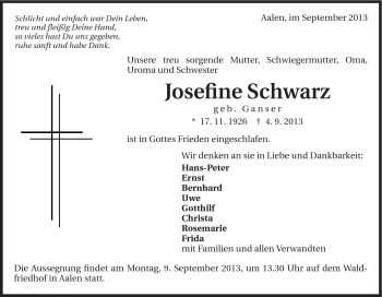 Traueranzeige von Josefine Schwarz von Schwäbische Post