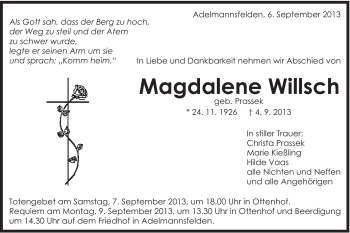 Traueranzeige von Magdalene Willsch von Schwäbische Post