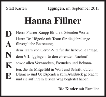 Traueranzeige von Hanna Fillner von Gmünder Tagespost