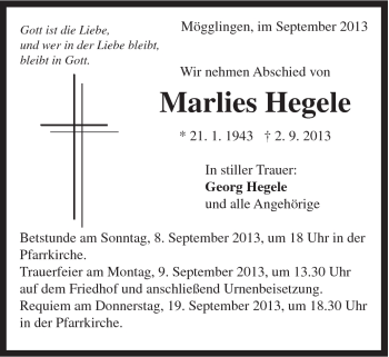 Traueranzeige von Marlies Hegele von Gmünder Tagespost