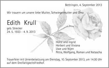 Traueranzeige von Krull Edith von Gmünder Tagespost