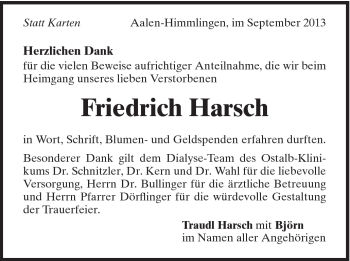 Traueranzeige von Friedrich Harsch von Schwäbische Post