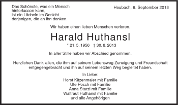 Traueranzeige von Harald Huthansl von Gmünder Tagespost