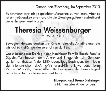 Traueranzeige von Theresia Weissenburger von Schwäbische Post