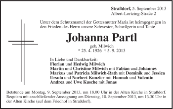 Traueranzeige von Johanna Partl von Gmünder Tagespost