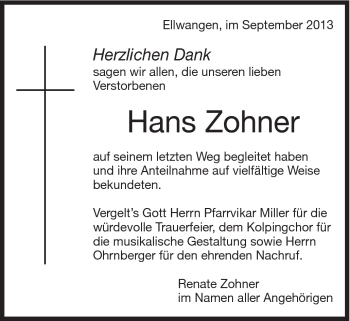 Traueranzeige von Hans Zohner von Schwäbische Post