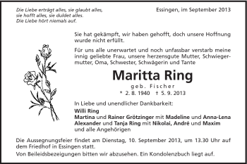 Traueranzeige von Maritta Ring von Schwäbische Post