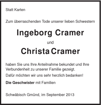Traueranzeige von Ingeborg und Christa Cramer von Gmünder Tagespost