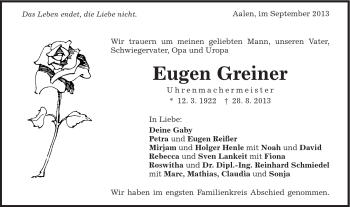 Traueranzeige von Eugen Greiner von Schwäbische Post