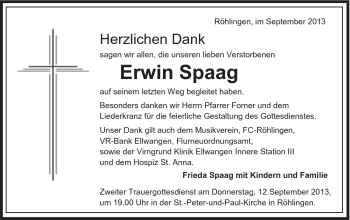 Traueranzeige von Erwin Spaag von Schwäbische Post