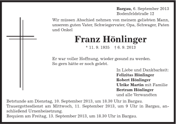 Traueranzeige von Franz Hönlinger von Gmünder Tagespost