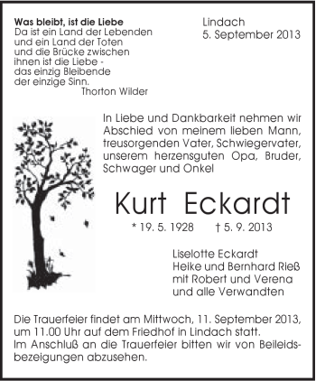 Traueranzeige von Kurt Eckardt von Gmünder Tagespost