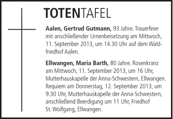 Traueranzeige von Maria Barth von Schwäbische Post
