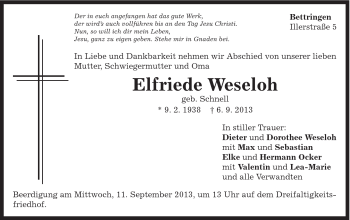 Traueranzeige von Elfriede Weseloh von Gmünder Tagespost