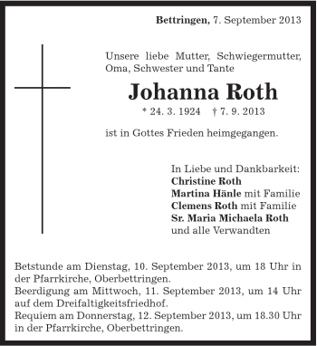Traueranzeige von Johanna Roth von Gmünder Tagespost
