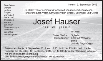 Traueranzeige von Joser Hauser von Schwäbische Post